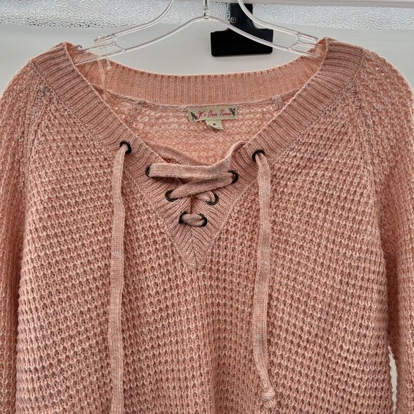 It's Our Time Women's Knit Pullover Sweater Lace Up Neck Long Sleeve Pink Medium - Picture 2 of 9